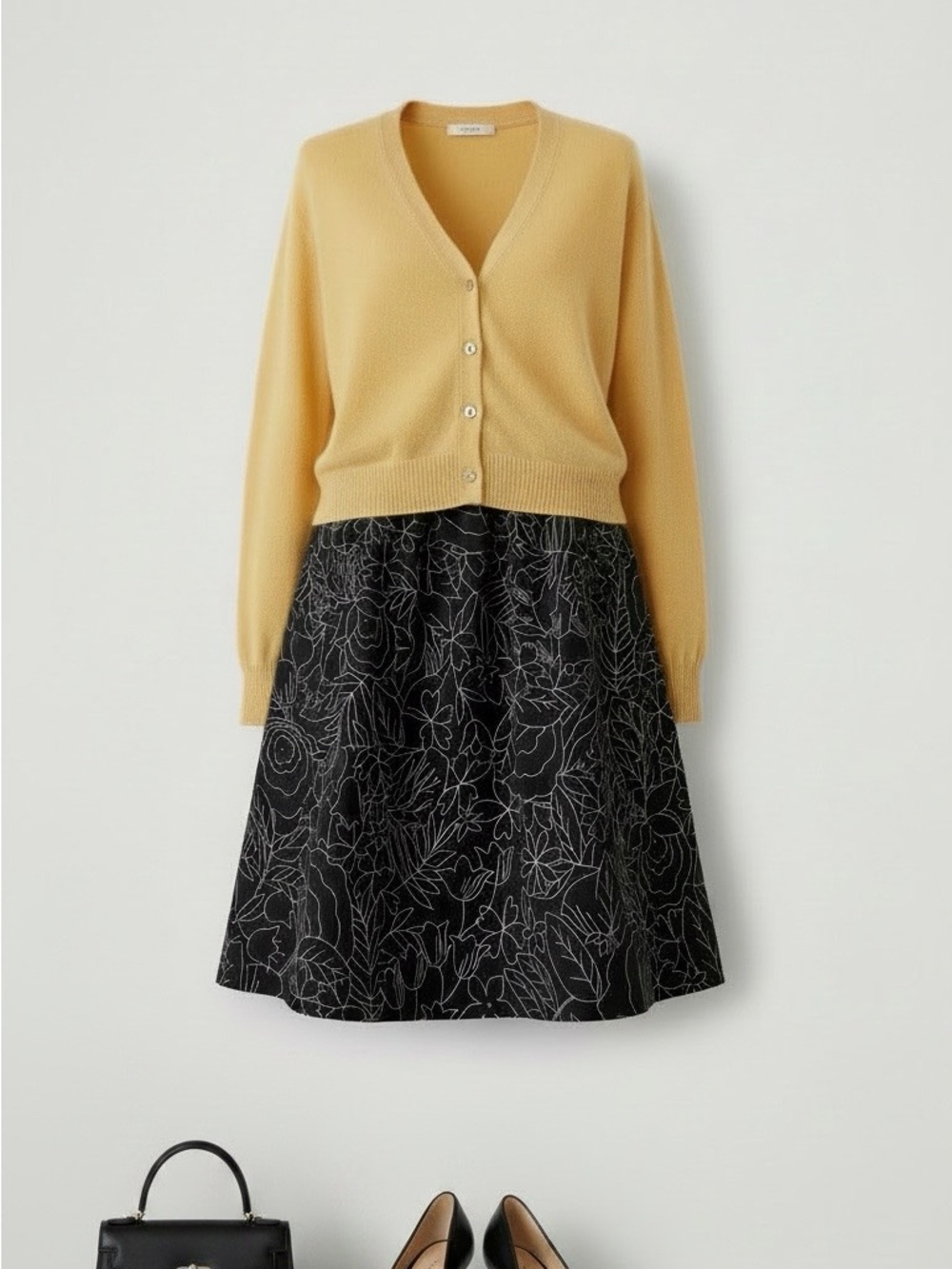 Anthropologie Black Floral A-Line Skirt with White Outline